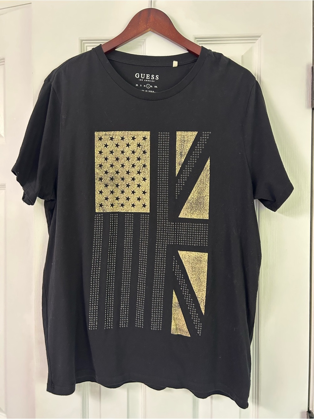 GUESS Black Short Sleeve Tee with Metallic Gold Flag Print
